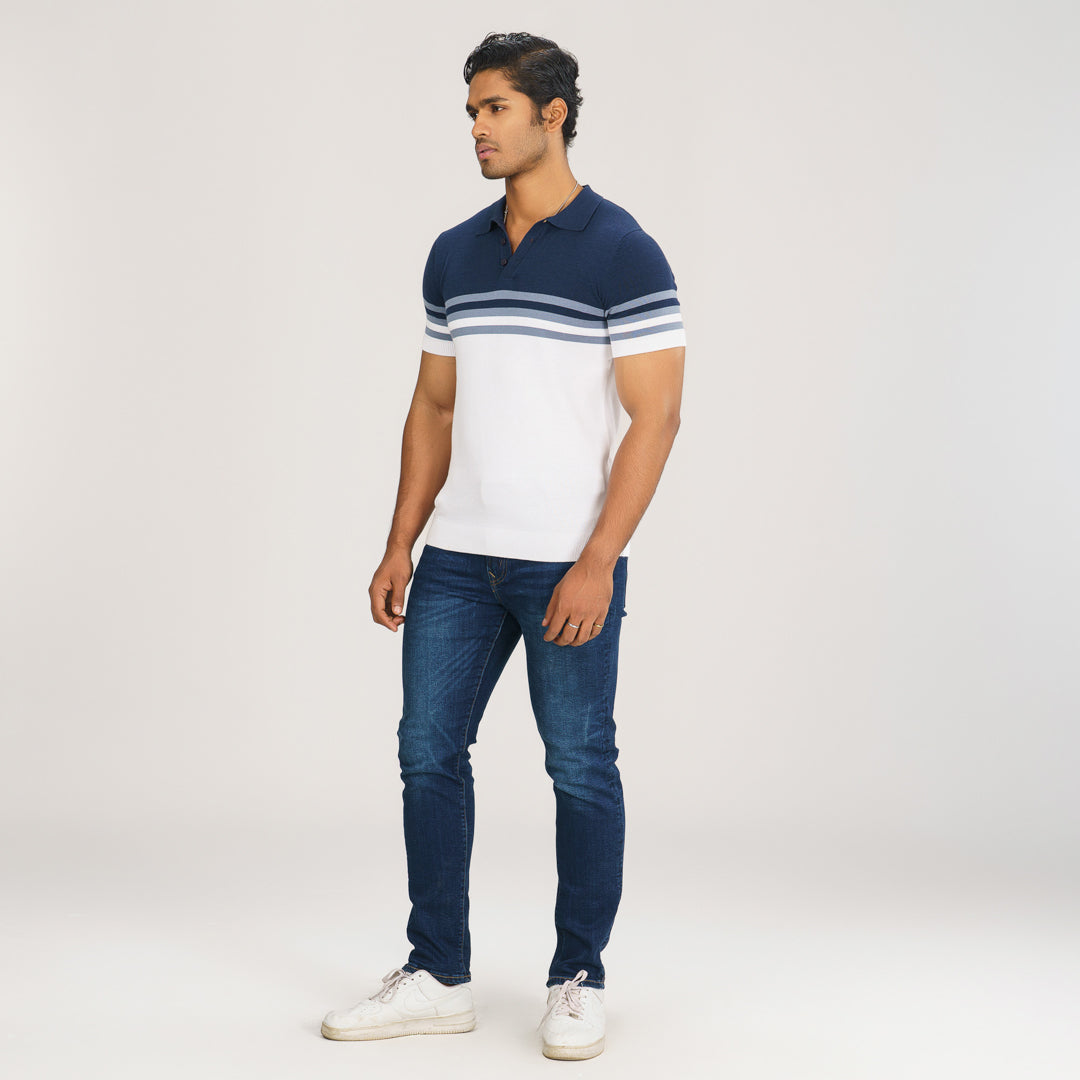 Mens Navy & Light Blue  Striped Polo Sweater