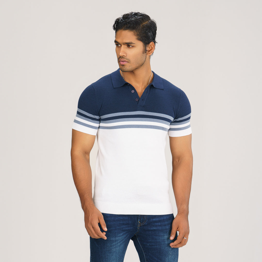 Mens Navy & Light Blue  Striped Polo Sweater