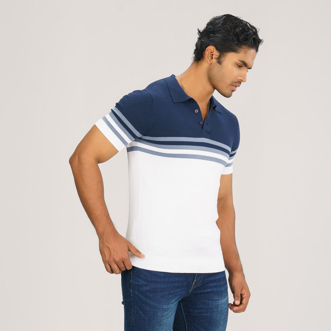 Mens Navy & Light Blue  Striped Polo Sweater