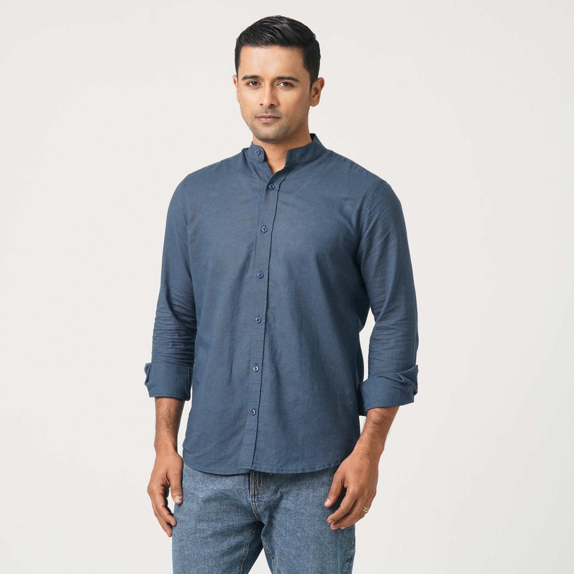 Men’s Linen Blended Band Collar Shirt
