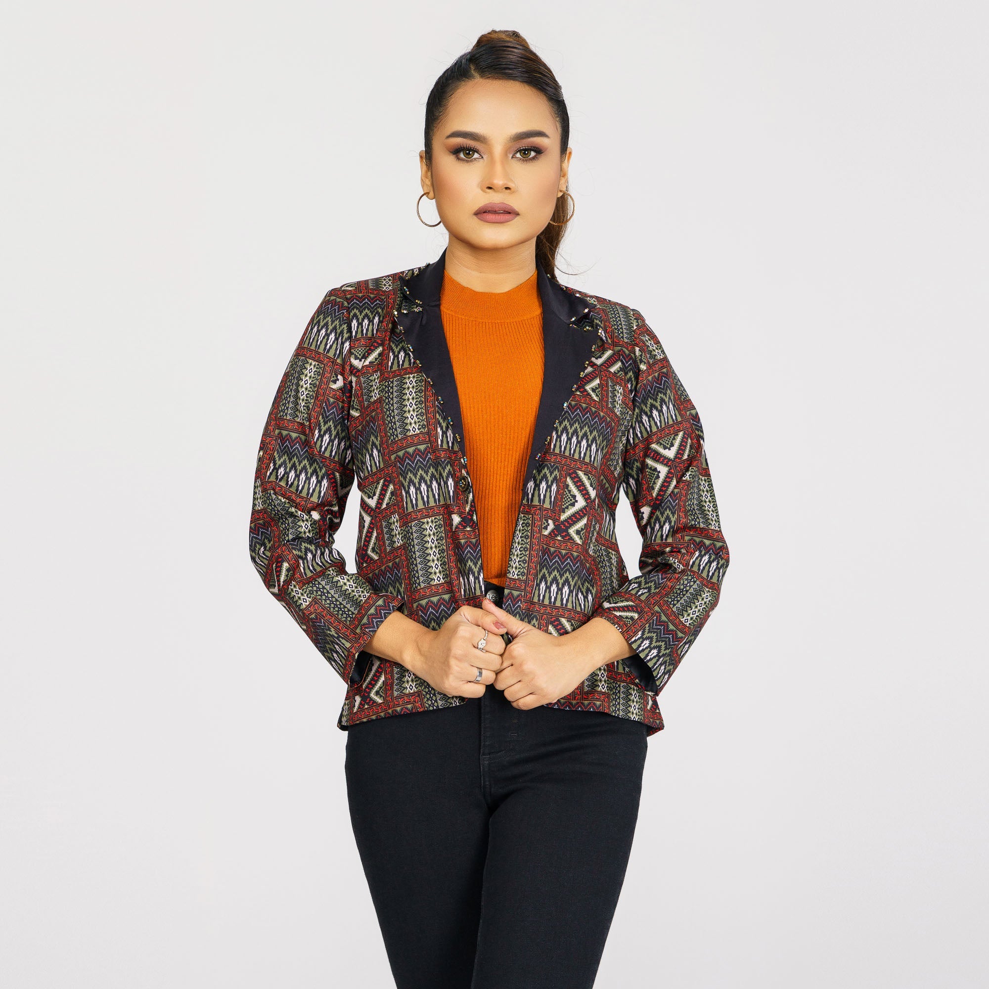 Womens Black & Olive Ethnic Jacket