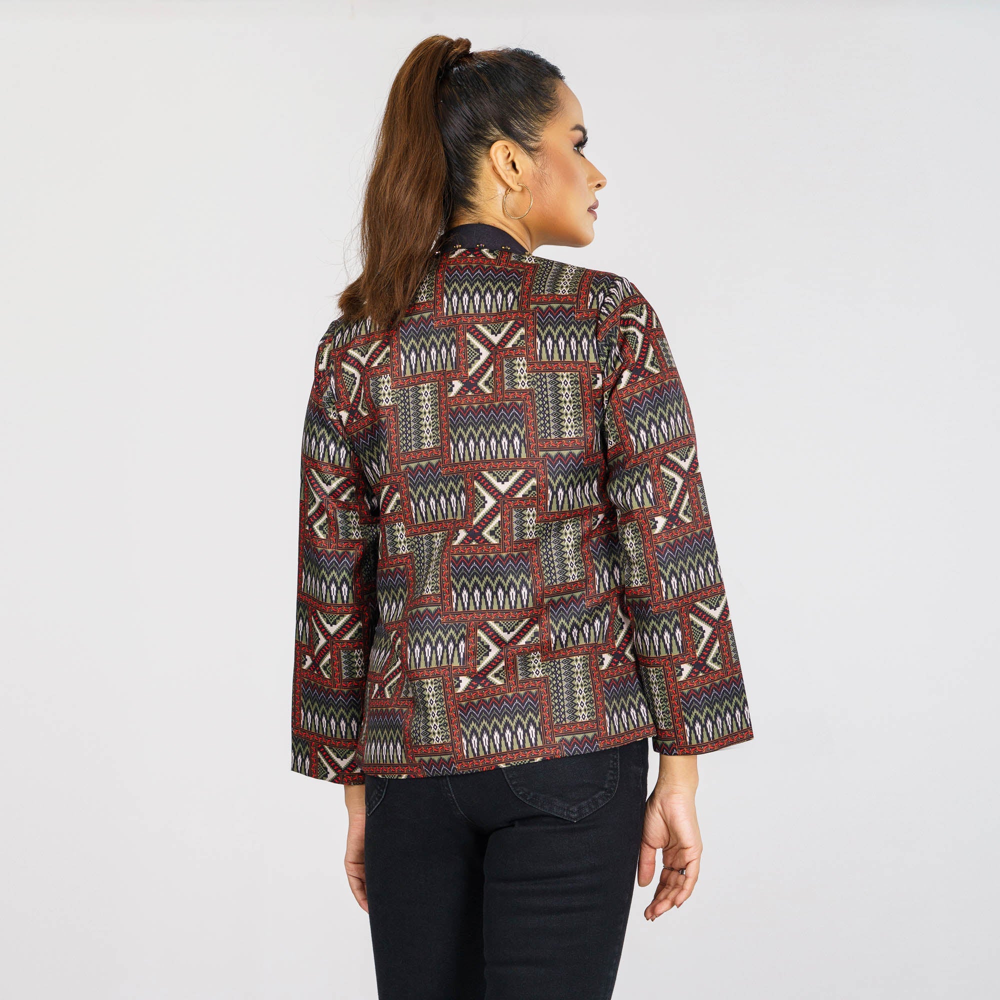 Womens Black & Olive Ethnic Jacket