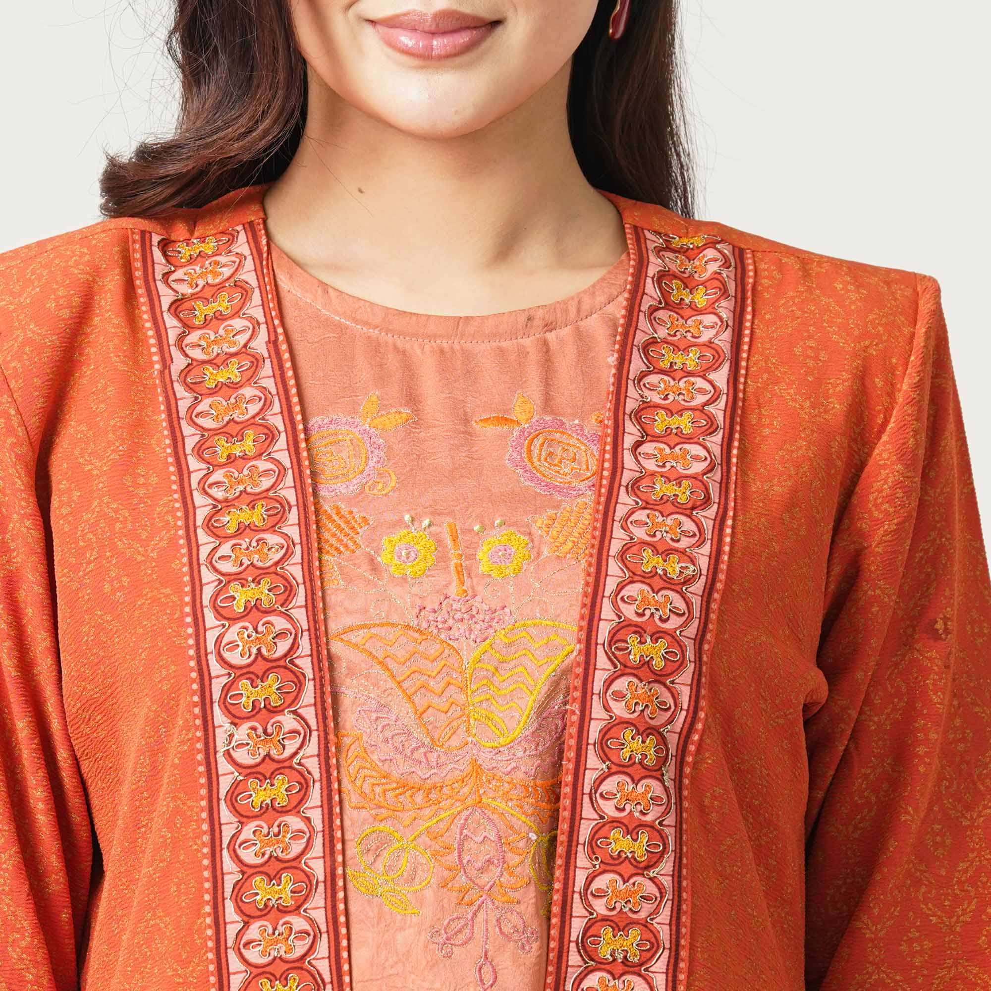 Women’s Orange Crinkle Cotton Three Piece Set